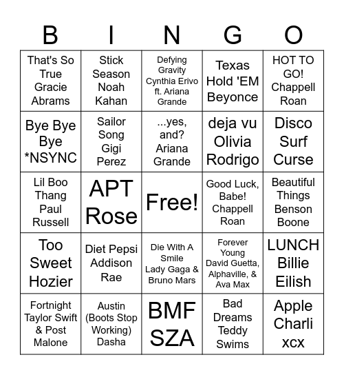 Tik Tok Music BINGO Card