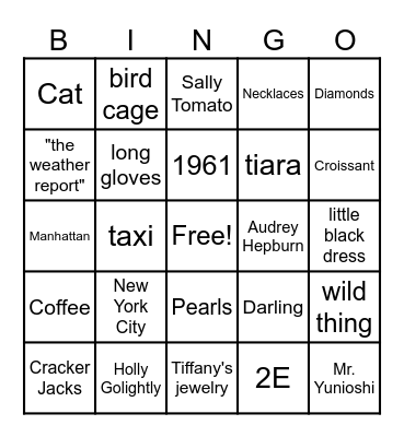 Breakfast at Tiffany's Bingo Card