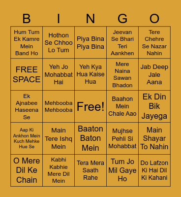 Romantic Bollywood Songs Bingo Card