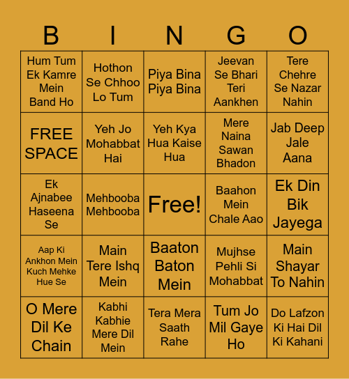 Romantic Bollywood Songs Bingo Card