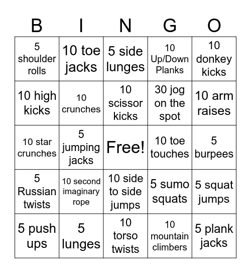 Physical Education (PE) Bingo Card