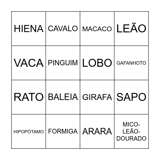 ANIMAIS Bingo Card