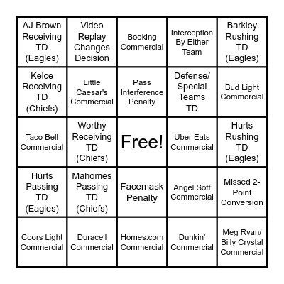 Super Bowl Bingo Card