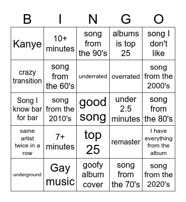 Spotify bingo Card