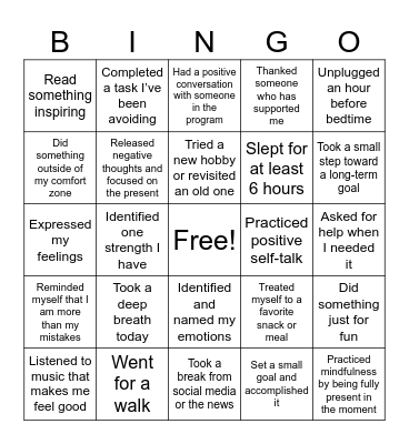 Mental Health Bingo Card