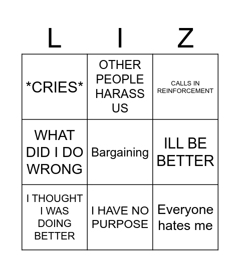 LIZ BREAK UP LINGO Bingo Card