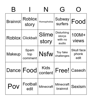 Youtube shorts bingo Card