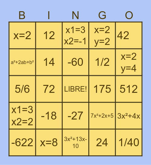 BINGO MATEMÁTICO Bingo Card