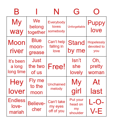 Name that love song Bingo Card