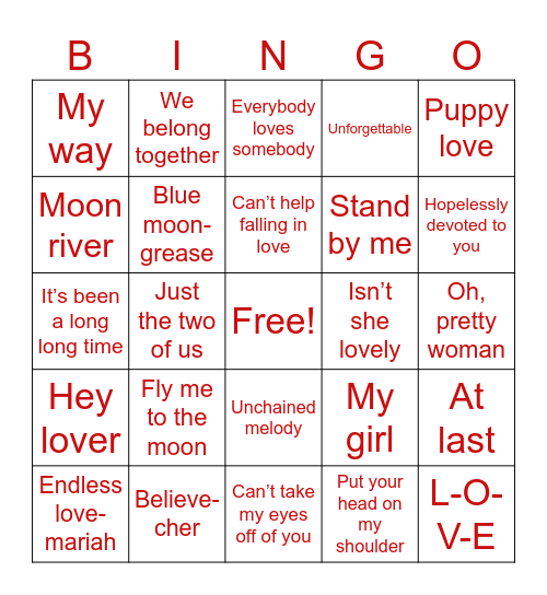 Name that love song Bingo Card