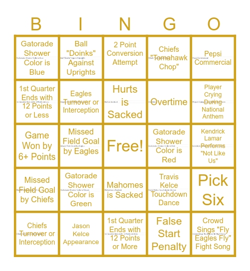 U Brands Superbowl LIX Bingo Card