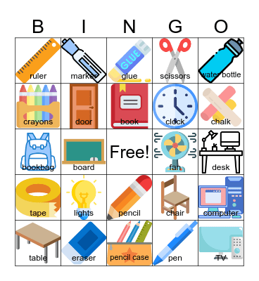 School Objects Bingo Card
