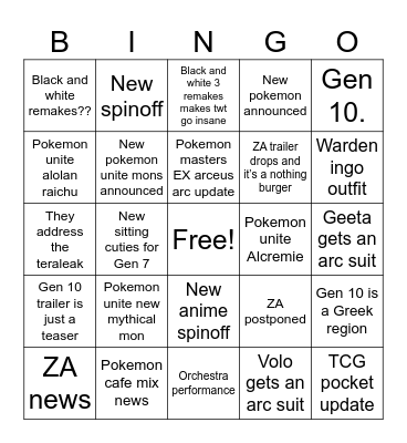 Pokemon Direct Bingo Card
