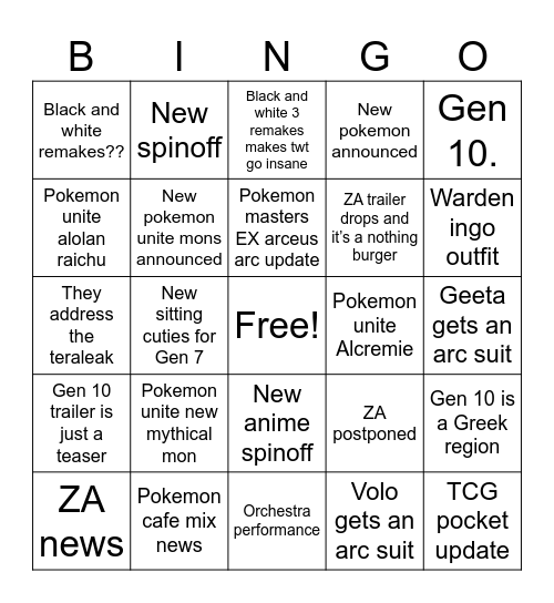 Pokemon Direct Bingo Card