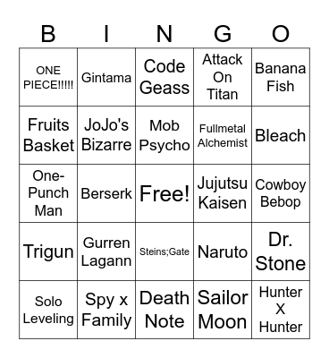 Anime bingo Card