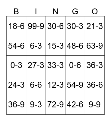 Math Facts 3/6/9 Bingo Card