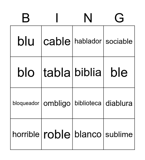 Palabras con /bl/ Bingo Card