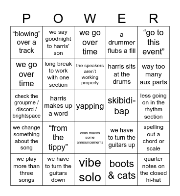 ToP Rehearsal Bingo Card