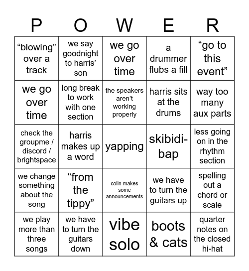 ToP Rehearsal Bingo Card