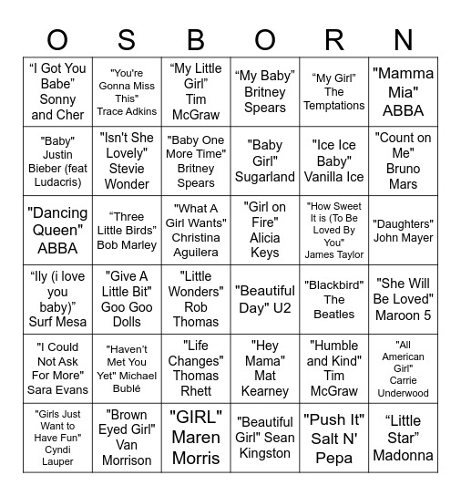 Baby Girl BINGO! Bingo Card