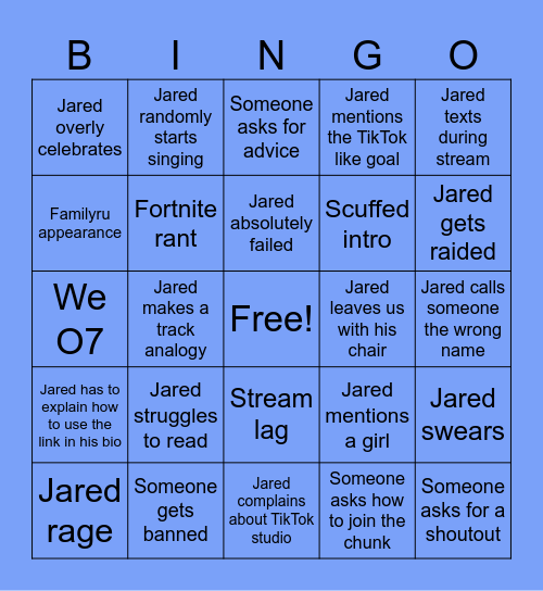 Jared Stream Bingo Card
