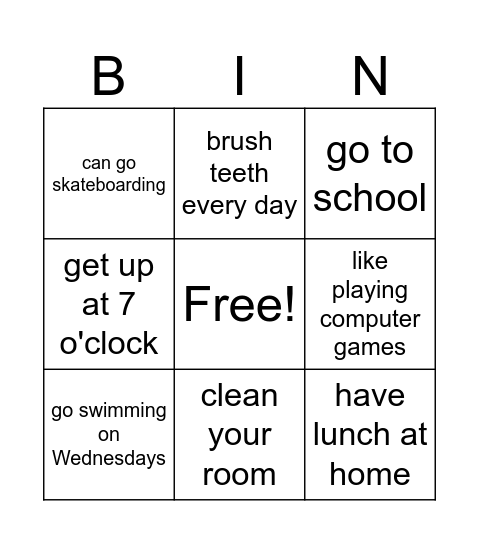 Routines Bingo Card