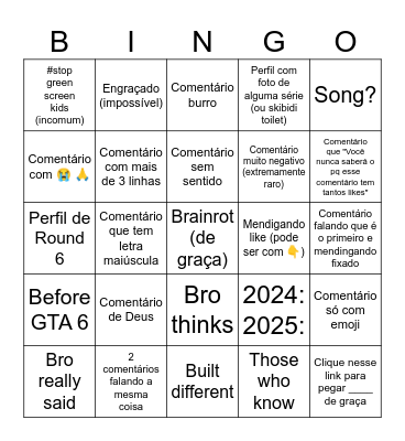 Comentarios youtube shorts Bingo Card