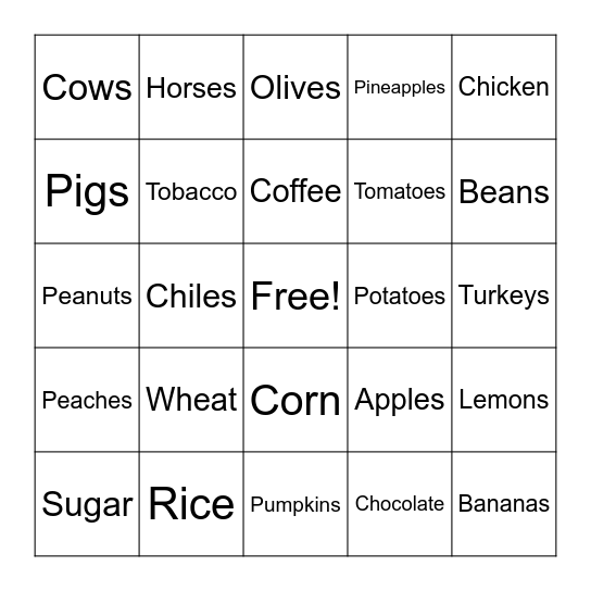 Columbian Exchange Bingo Card