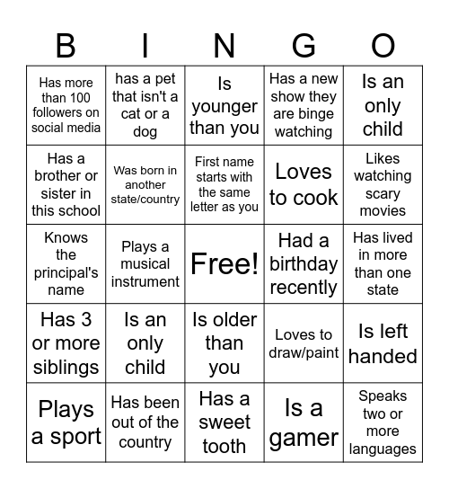 Human Scavenger Hunt Bingo Card