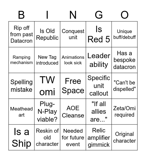 Kit Reveal Bingo Card