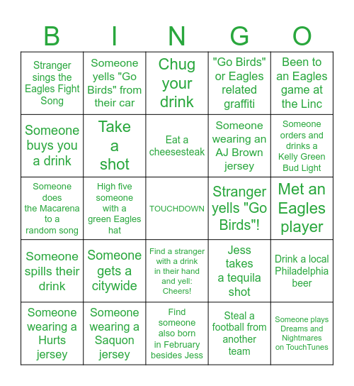 Jess's 30th BDay Eagle's Bar Crawl Bingo Card