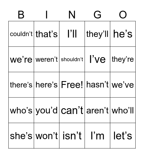 Contractions Bingo Card