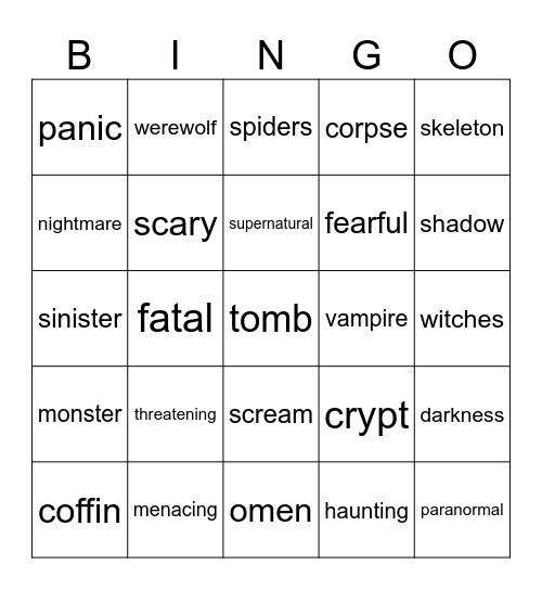 Horror Vocabulary Bingo Card