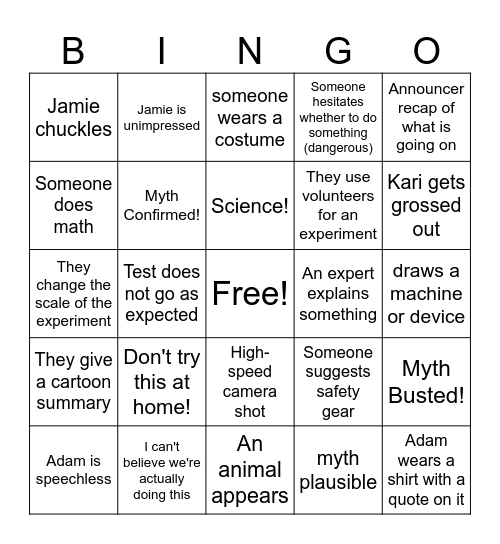 Mythbusters BINGO 1.1 Bingo Card