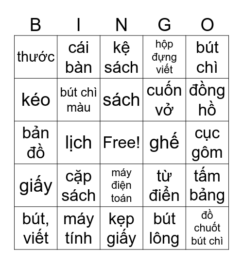 Dụng cụ trong lớp Bingo Card