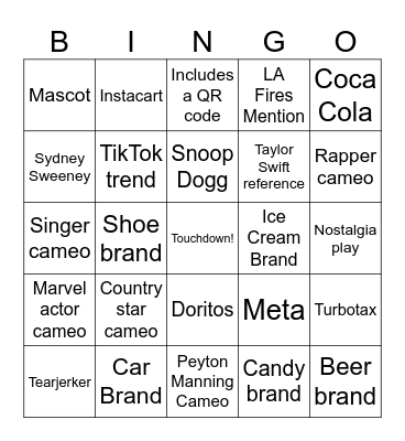 Super Bowl Ad Bingo 2025 Bingo Card