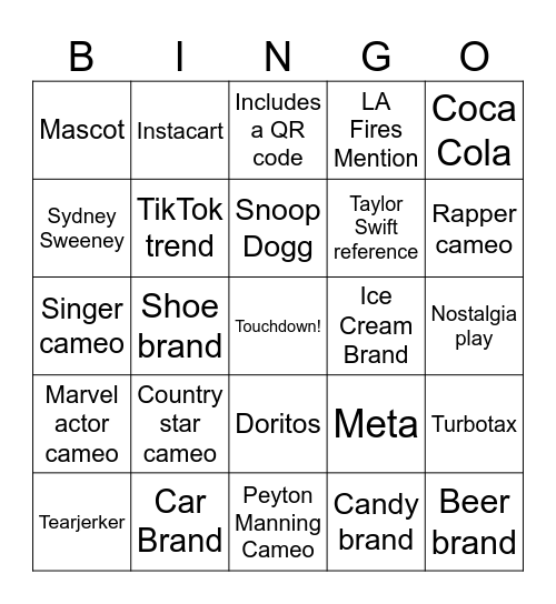 Super Bowl Ad Bingo 2025 Bingo Card