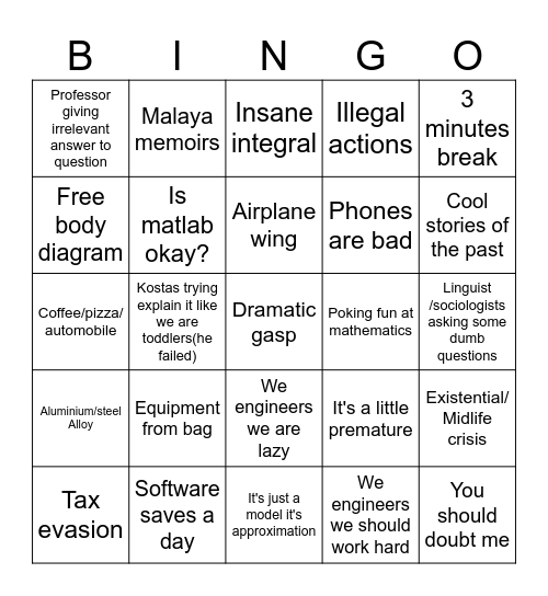 Partially relatable prof bingo Card