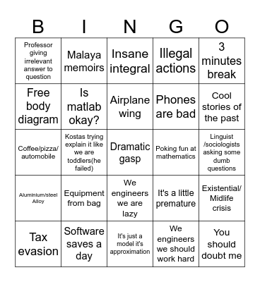 Partially relatable prof bingo Card