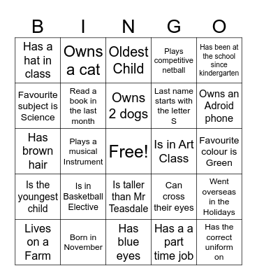 Getting to Know year 9 Bingo Card