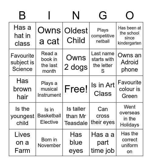 Getting to Know year 9 Bingo Card