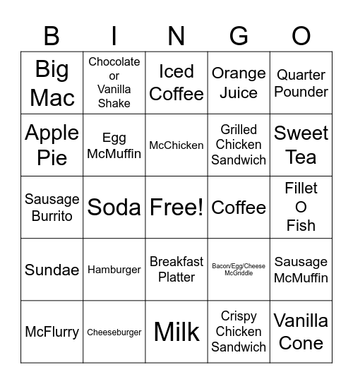 McDonald's Bingo Card