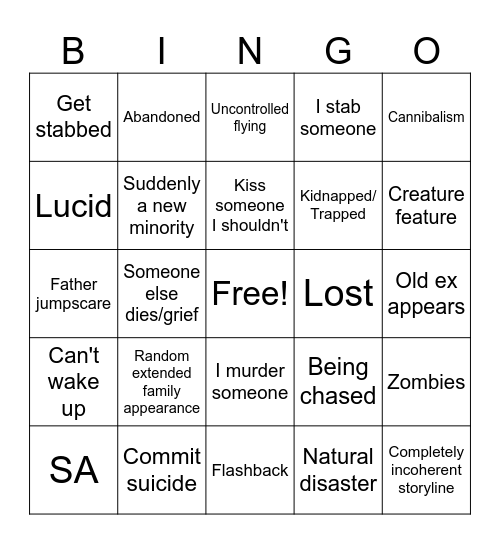 Jay's Night Terror Bingo Card