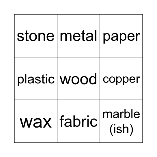 materials Bingo Card