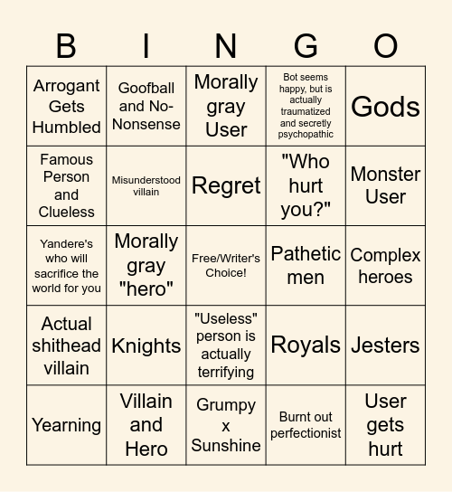 Kuro's Fav Tropes Bingo Challenge Bingo Card