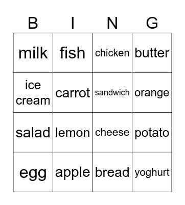 food Bingo Card