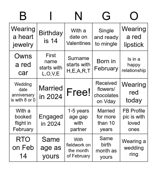 V     A     L      E      N     T     I      N      E      S Bingo Card