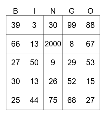 Number Bingo Card