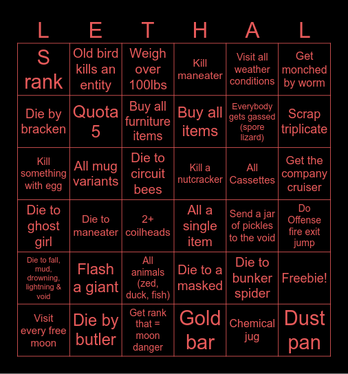 Lethal company Multiplayer bingo Card