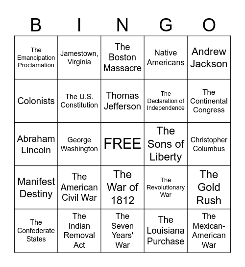 American History Bingo (1492-1865) Bingo Card